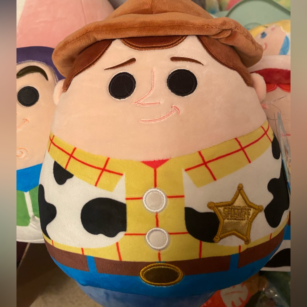 Woody Squishmallow-Style Plush in Yellow, Brown, Blue, Black, White